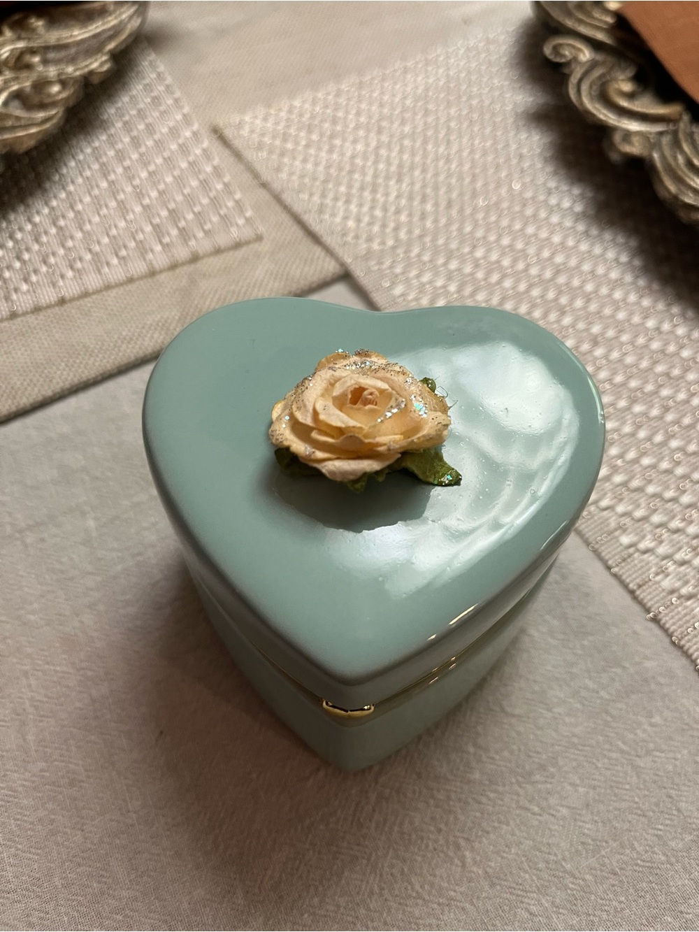 Heart-Shaped Ceramic Trinket Box with Cream Rose Tiffany Bluish Color.
